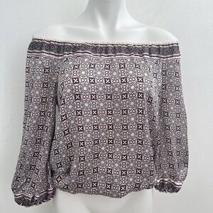 Max Studio Blouse top Off Shoulder Peasant Long Sleeves Beige Purple XSMALL NWOT